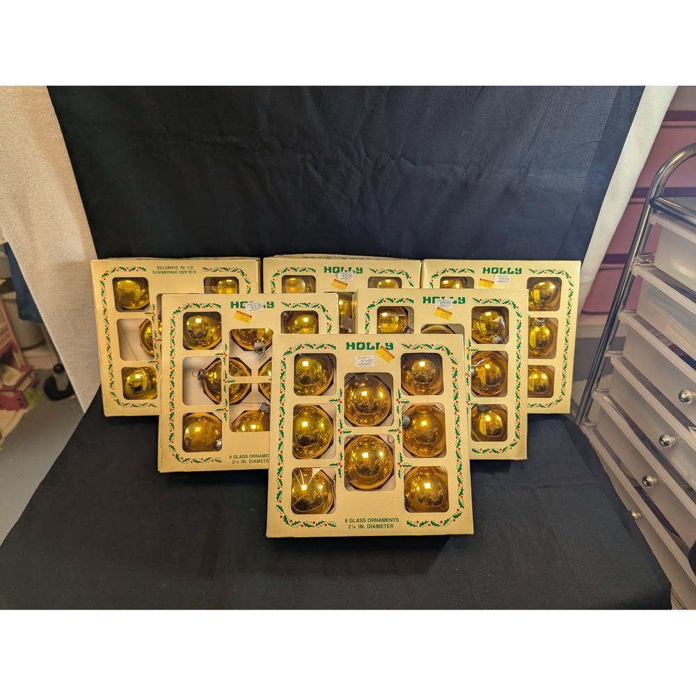 Holly Glass Christmas Ornaments Gold Round Ball 2.25in Set of 6 Boxes 48 Total